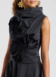 Solid Tech Cotton Taffeta Black Embroidered Funnel Neck Top