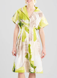 Orchid Cotton Poplin Chartreuse Pleat Release Button Dress