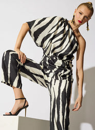 Zebra Silk Twill Black/White One Shoulder Top