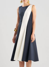 Color Blocked Tech Cotton Taffeta Black/White Asymetric Seam Dress