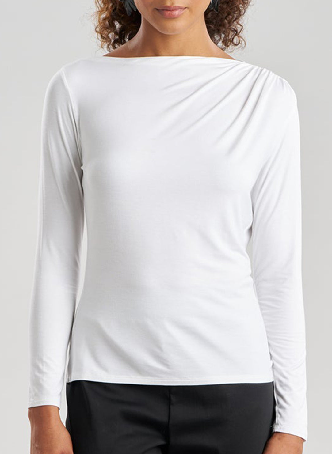 Feather Lightweight Knit White Ruched Long Sleeve Top