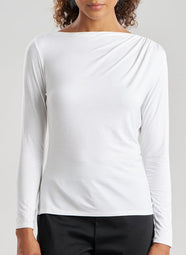 Feather Lightweight Knit White Ruched Long Sleeve Top