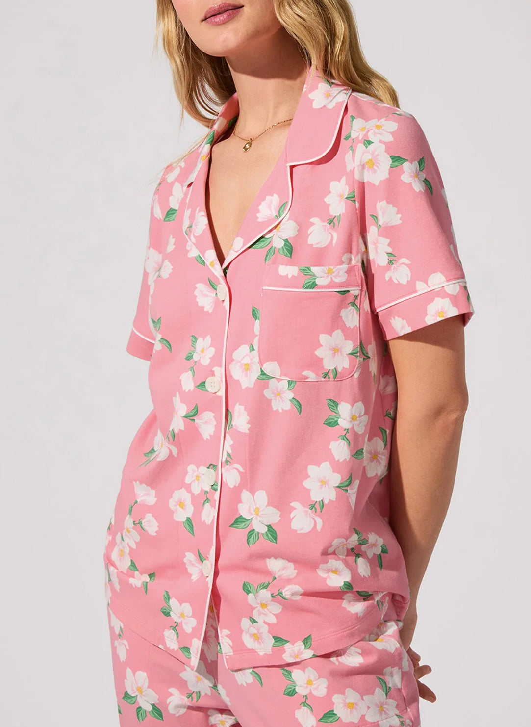 Pink Magnolias Pink Short Sleeve Cropped PJ Set