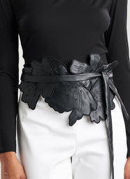 Vegan Luxe Lambskin Black Obi Belt with 3D Embroidery