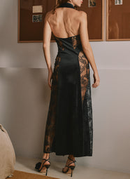 Daniella Velours Noir Open Back Shirt Collar Gown