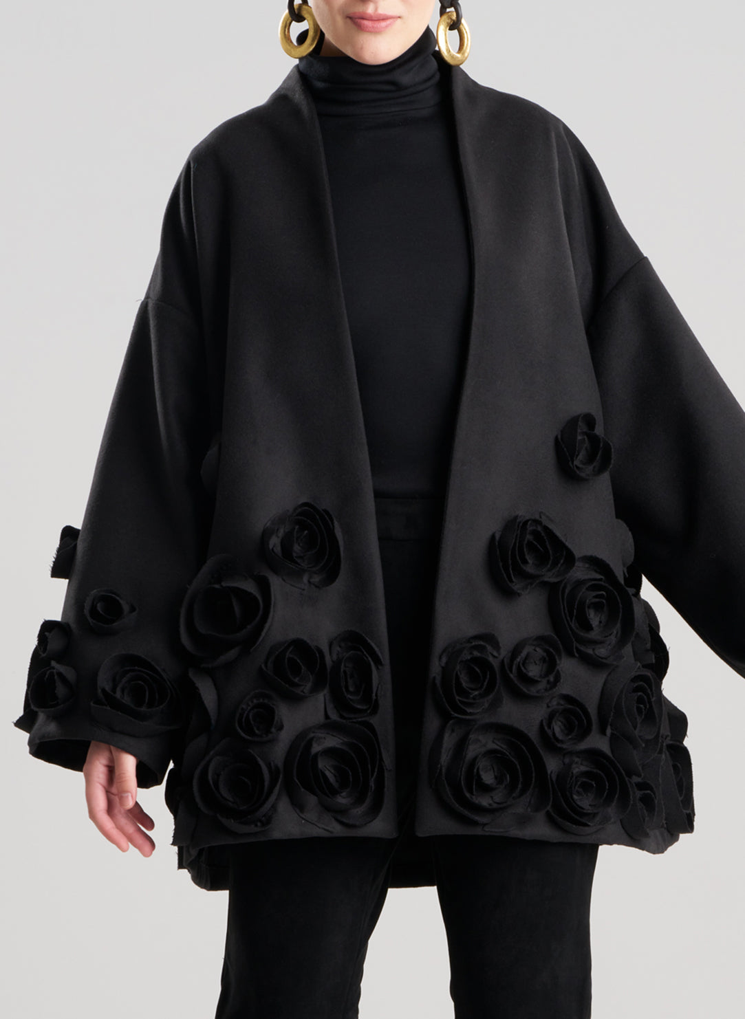 Felt Black Short Trapeze Coat with 3D Floral Embroidery