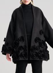 Felt Black Short Trapeze Coat with 3D Floral Embroidery