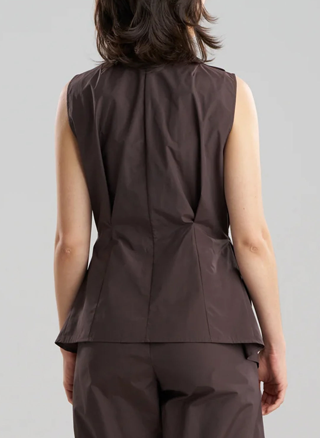 Solid Techno Poplin Dark Brown Sleeveless Handkerchief Hem Shirt