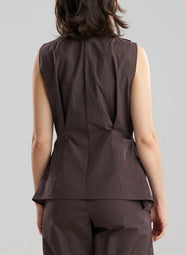 Solid Techno Poplin Dark Brown Sleeveless Handkerchief Hem Shirt