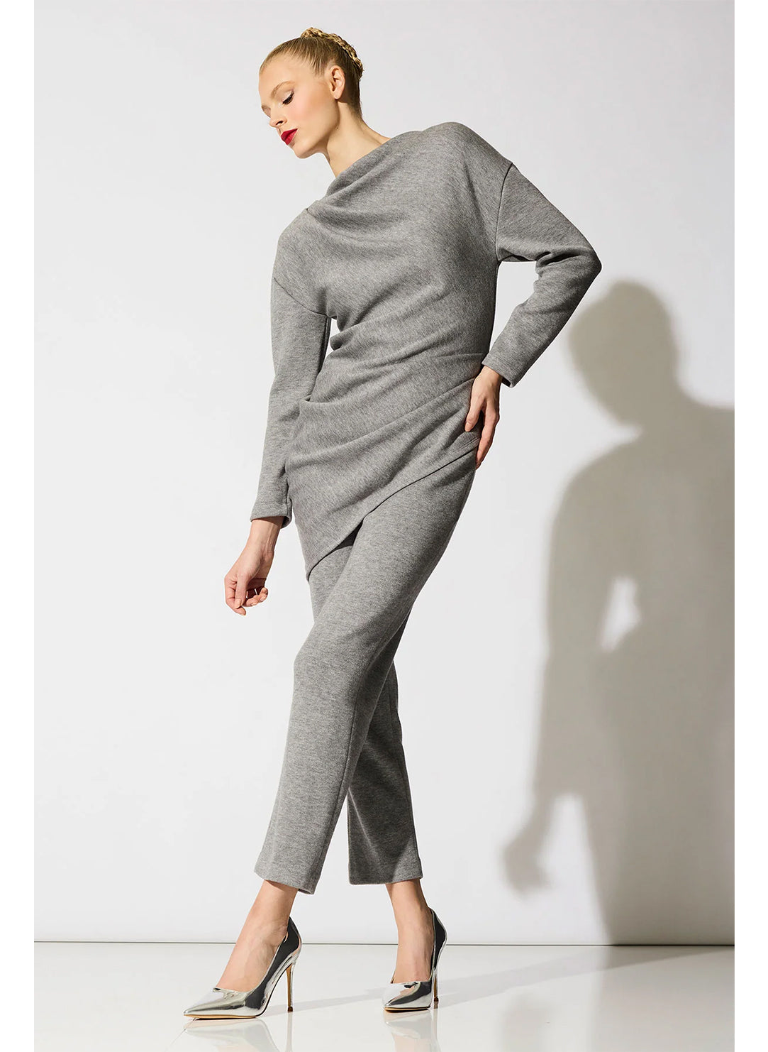 Double Knit Heather Grey Long Sleeve Draped Top