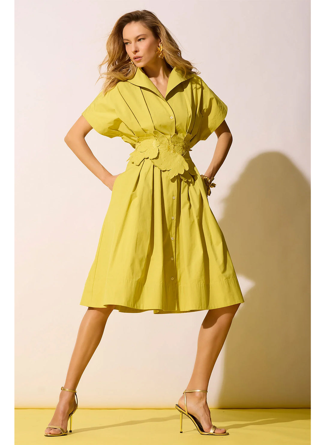 Solid Tech Cotton Taffeta Chartreuse Pleat Release Button Down Shirt Dress