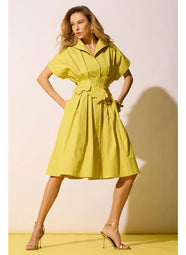 Solid Tech Cotton Taffeta Chartreuse Pleat Release Button Down Shirt Dress