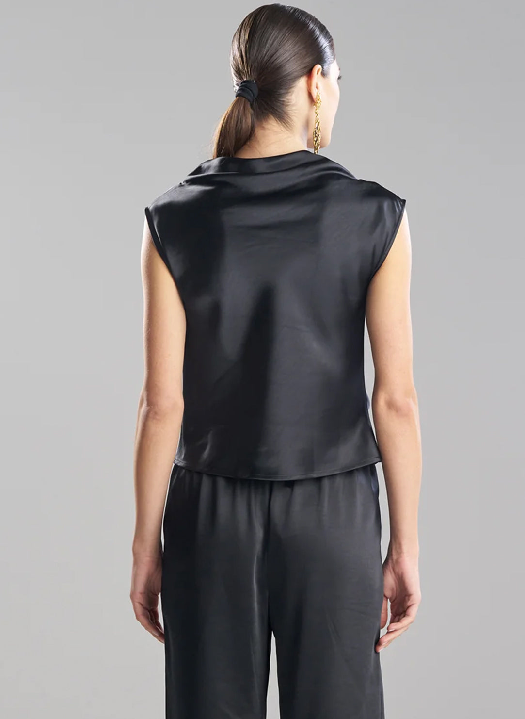 Luxe Satin Black Drape Neck Top