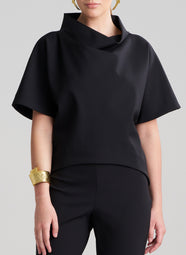 Techno Crepe Black Funnel Neck High Low Top