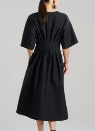 Canvas Black V-Neck Pleat Dress with Embroidery