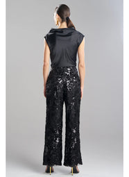 Floral Sequin Lace Black Side Zip Wide Leg Pant