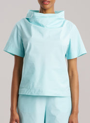 Techno Poplin Light Blue Short Sleeve Funnel Neck Top