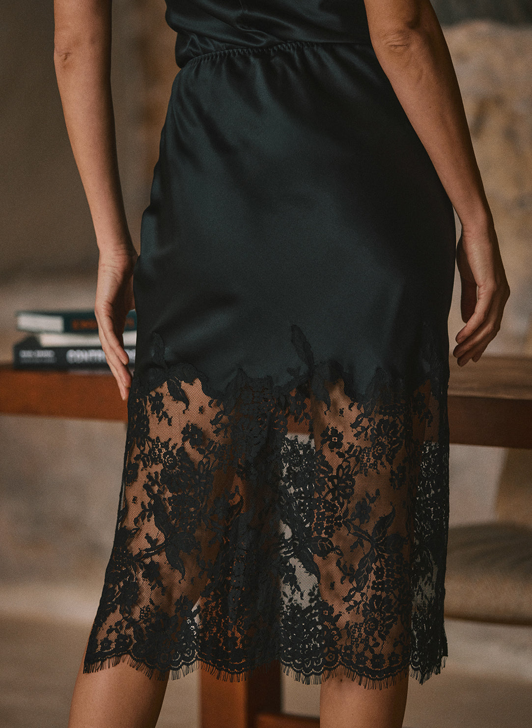 Doria Noir Silk Skirt with Lace