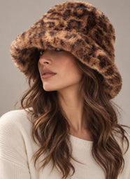 Faux Fur Natural Black Leopard Bucket Hat
