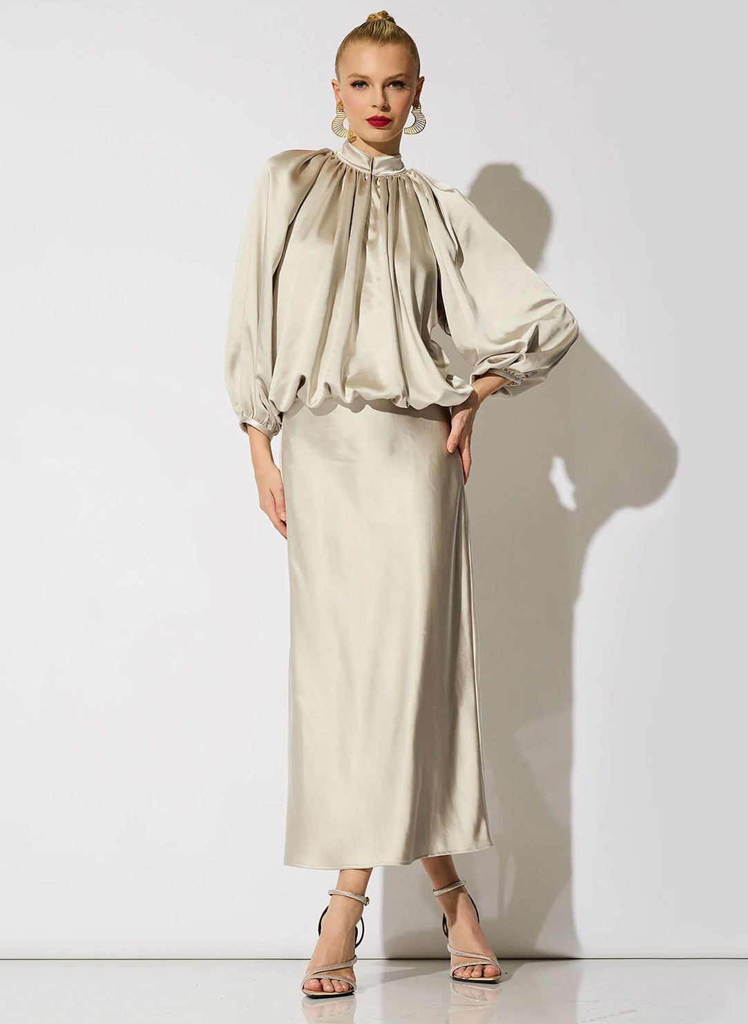 Luxe Satin Pearl Pull on Midi Skirt