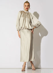 Luxe Satin Pearl Pull on Midi Skirt