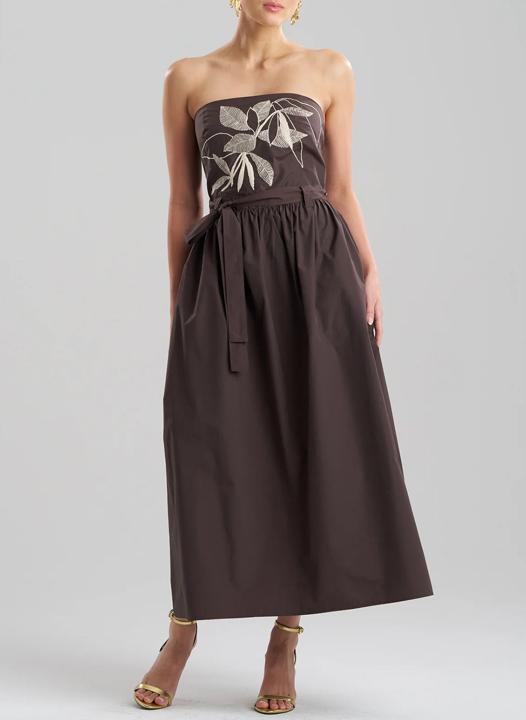 Solid Techno Poplin Dark Brown Strapless Belted Dress with Embroidery