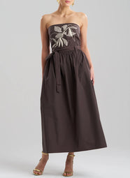 Solid Techno Poplin Dark Brown Strapless Belted Dress with Embroidery