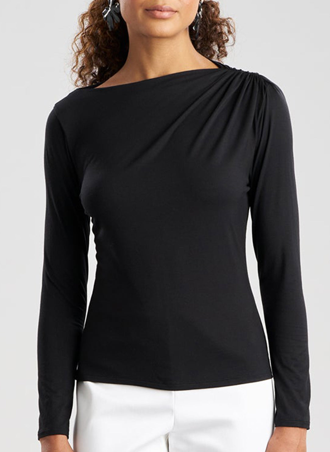 Feather Lightweight Knit Black Ruched Long Sleeve Top