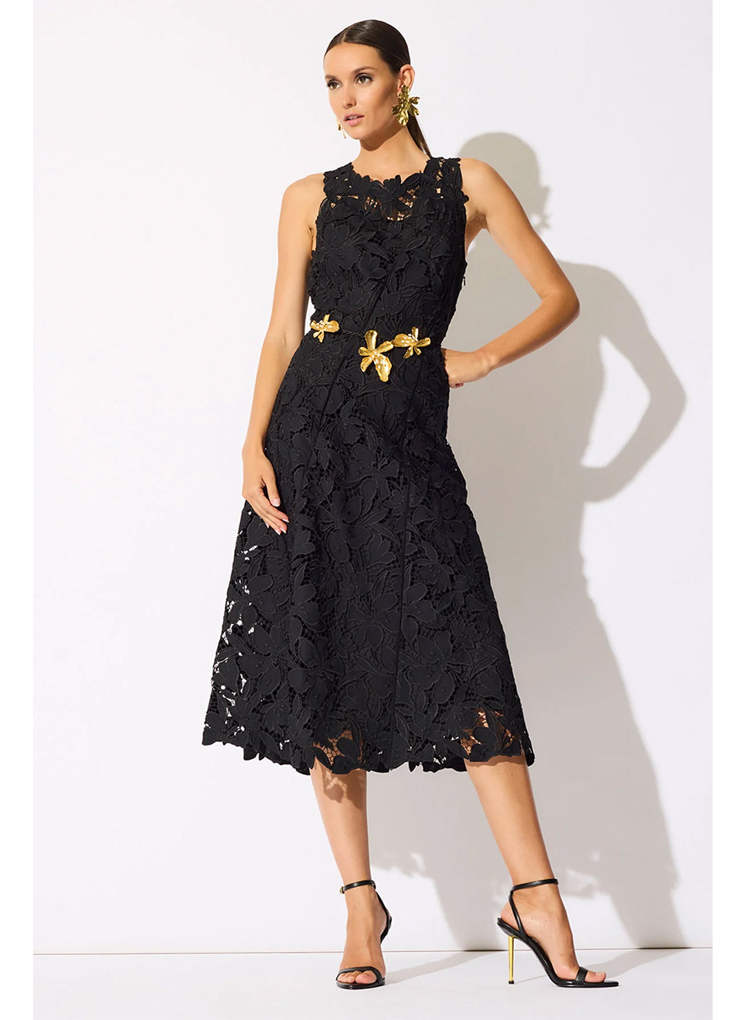 Peony Floral Lace Black Asymmetric Seam Dress