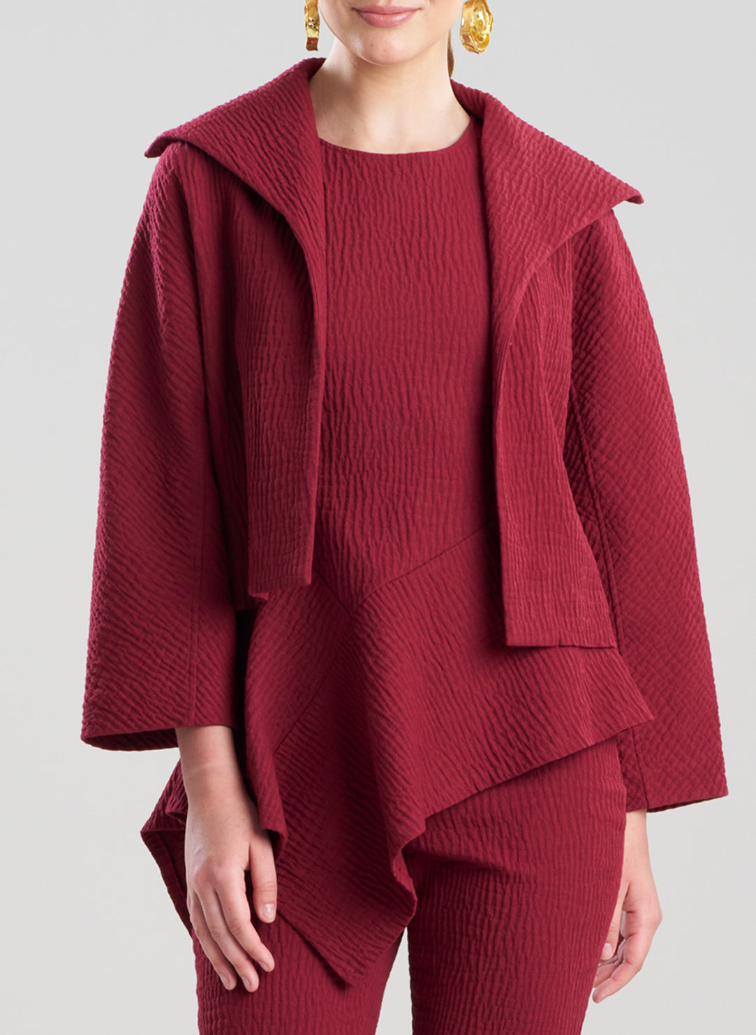 Textured Cotton Jacquard Ruby Stand Collar Jacket
