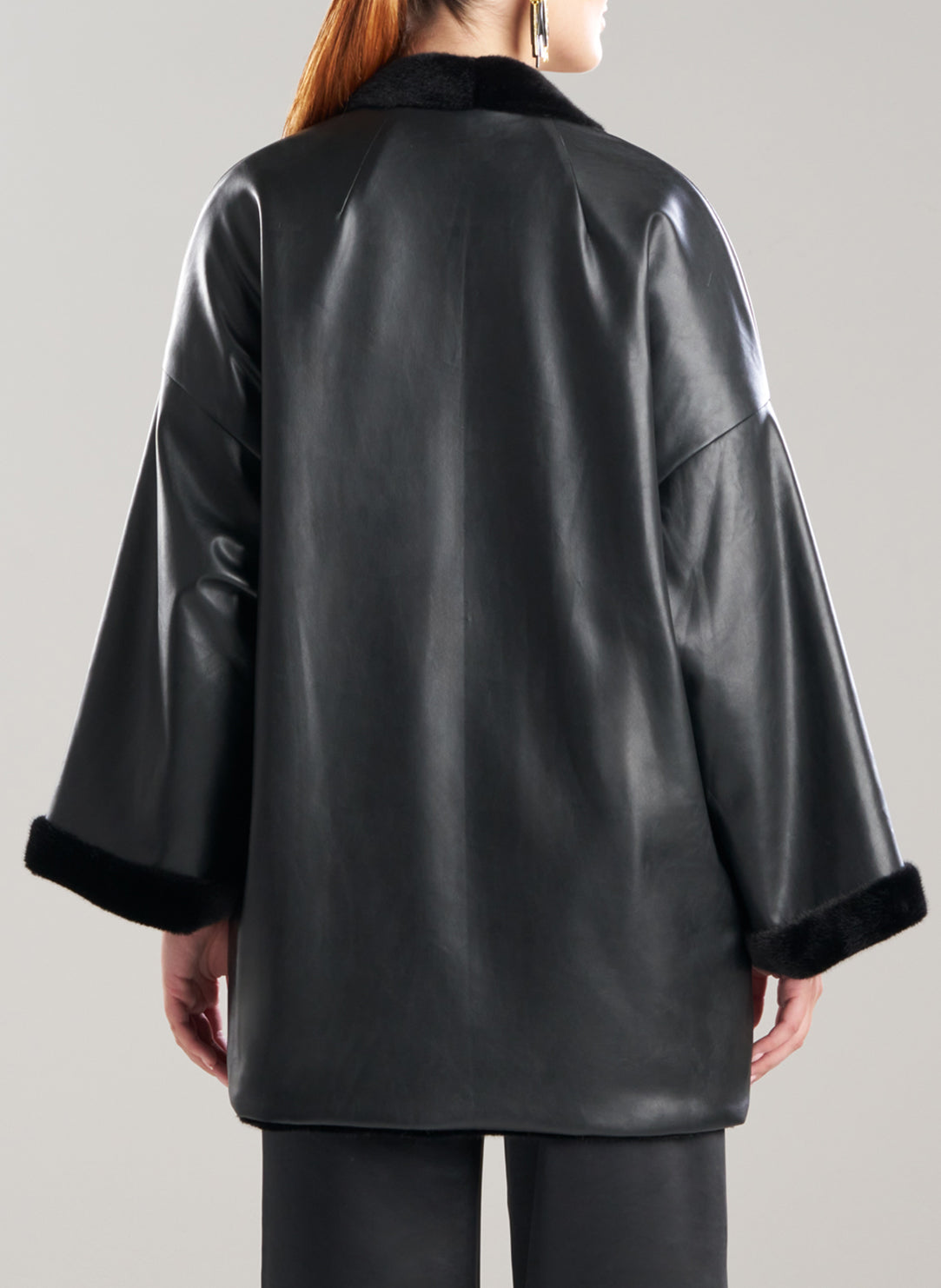Vegan Luxe Lambskin Black Fur Lined Kimono Topper