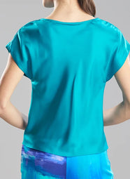 Silk Twill Turquoise Drape Neck Cap Sleeve Top