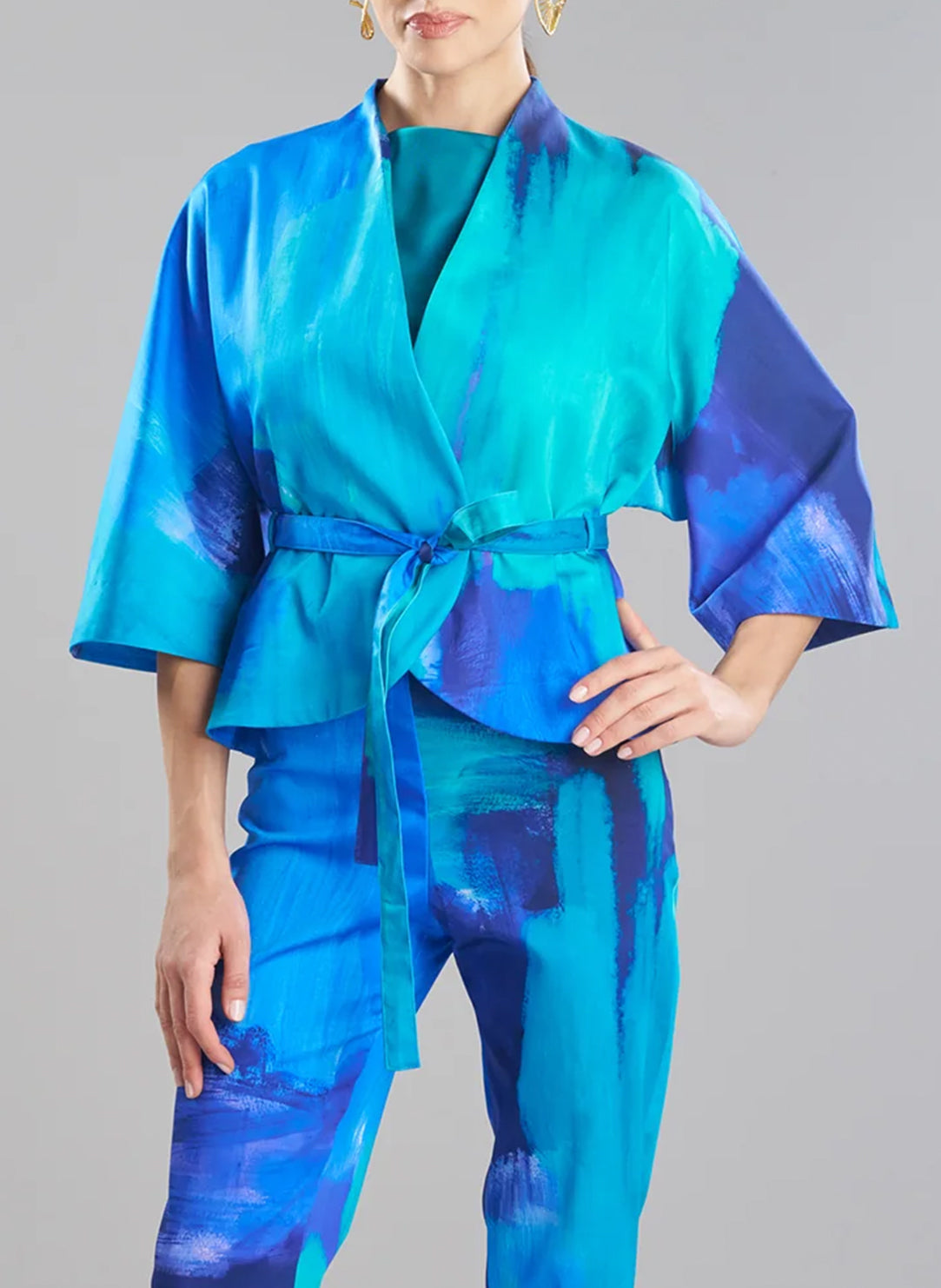 Brushstroke Blue Cotton Chino Belted Kimono Jacket