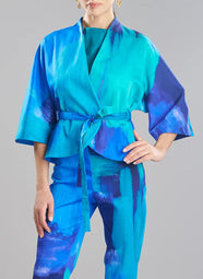 Brushstroke Blue Cotton Chino Belted Kimono Jacket