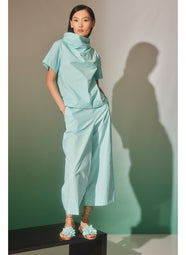 Techno Poplin Light Blue Short Sleeve Funnel Neck Top
