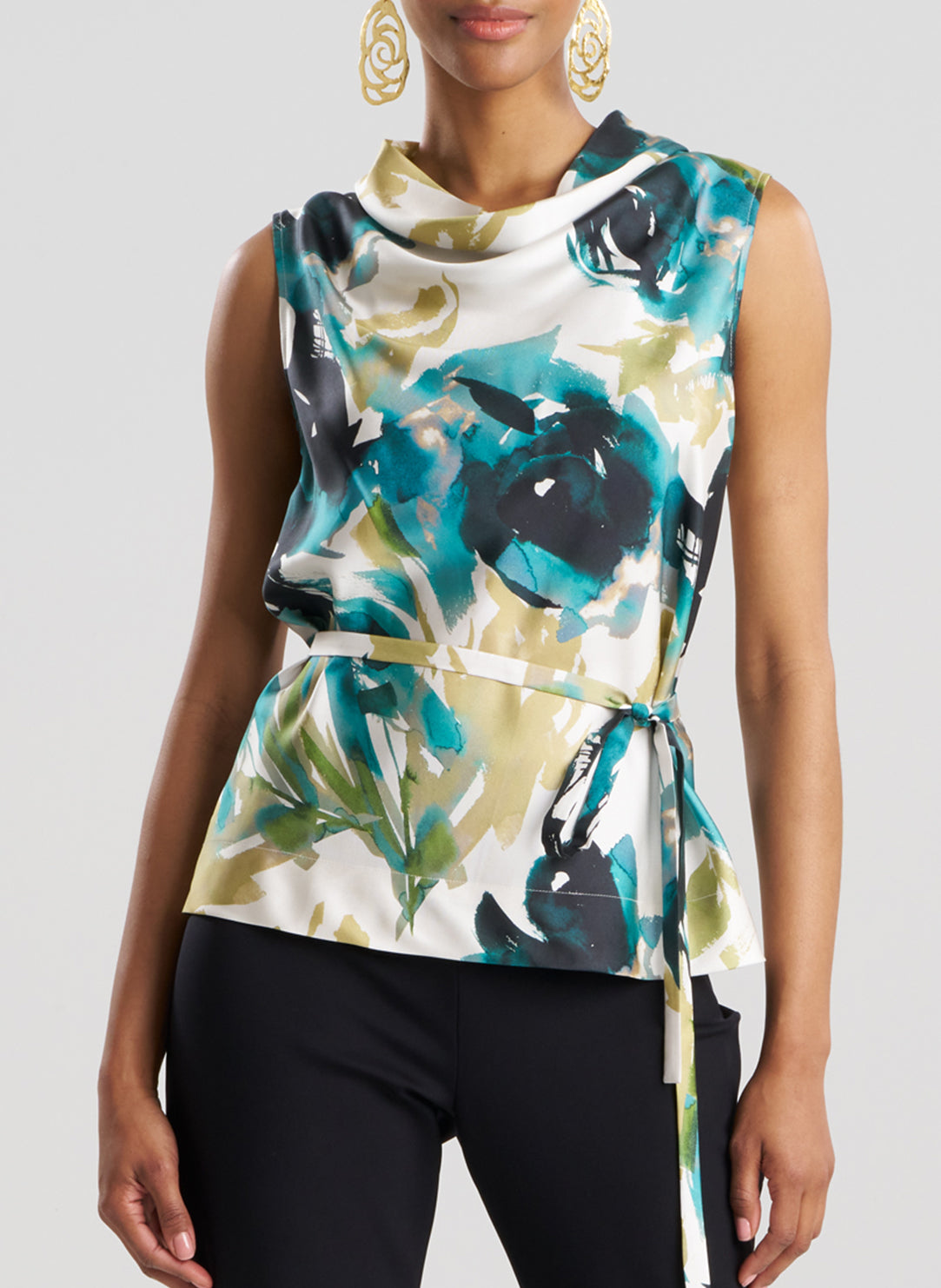 Mira Silk Twill Midnight Teal Belted Funnel Neck Top