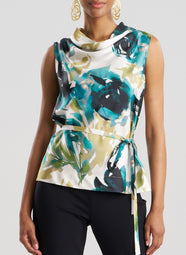 Mira Silk Twill Midnight Teal Belted Funnel Neck Top