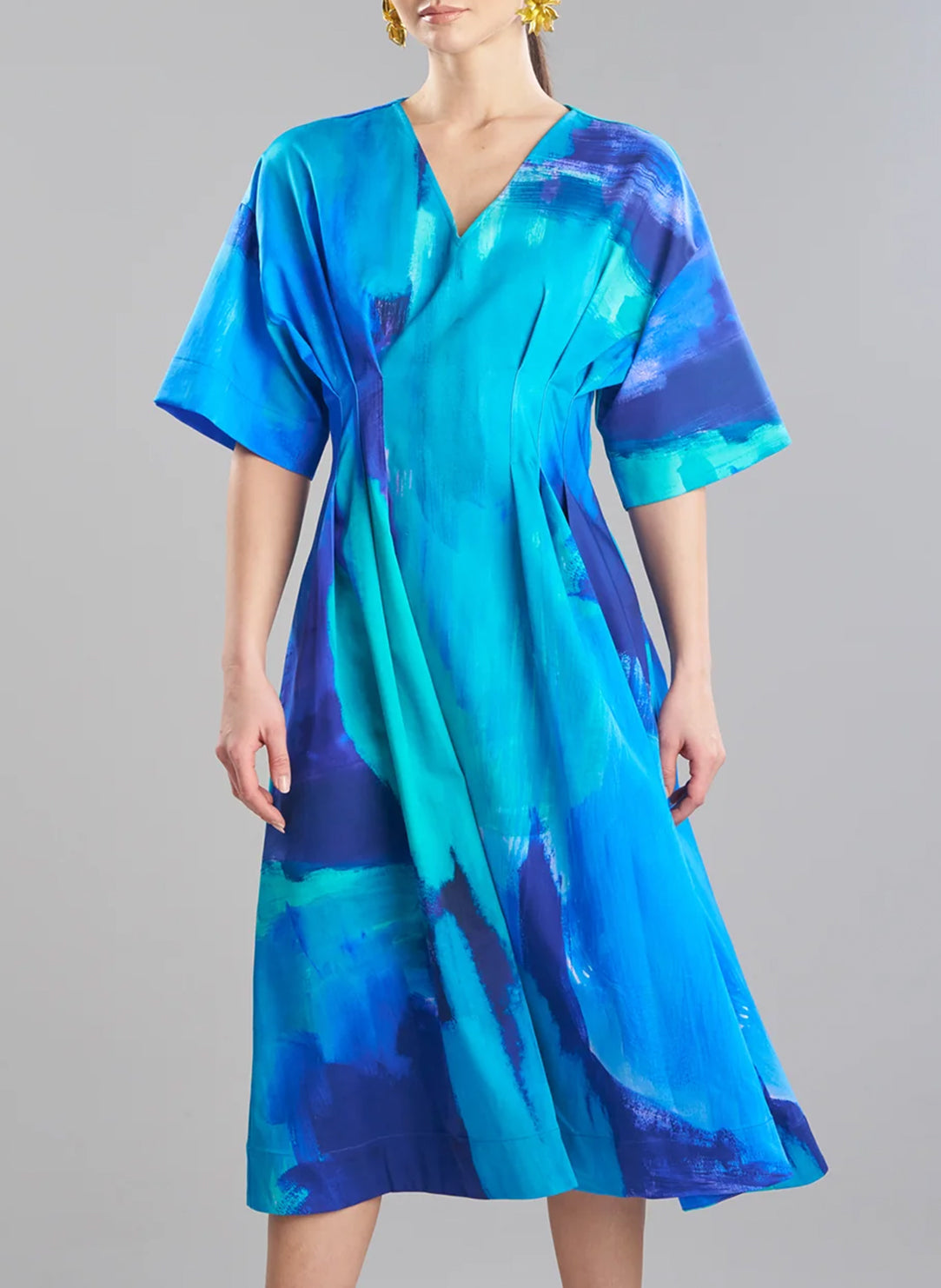 Brushstroke Blue Cotton Chino V-Neck Pleat Dress