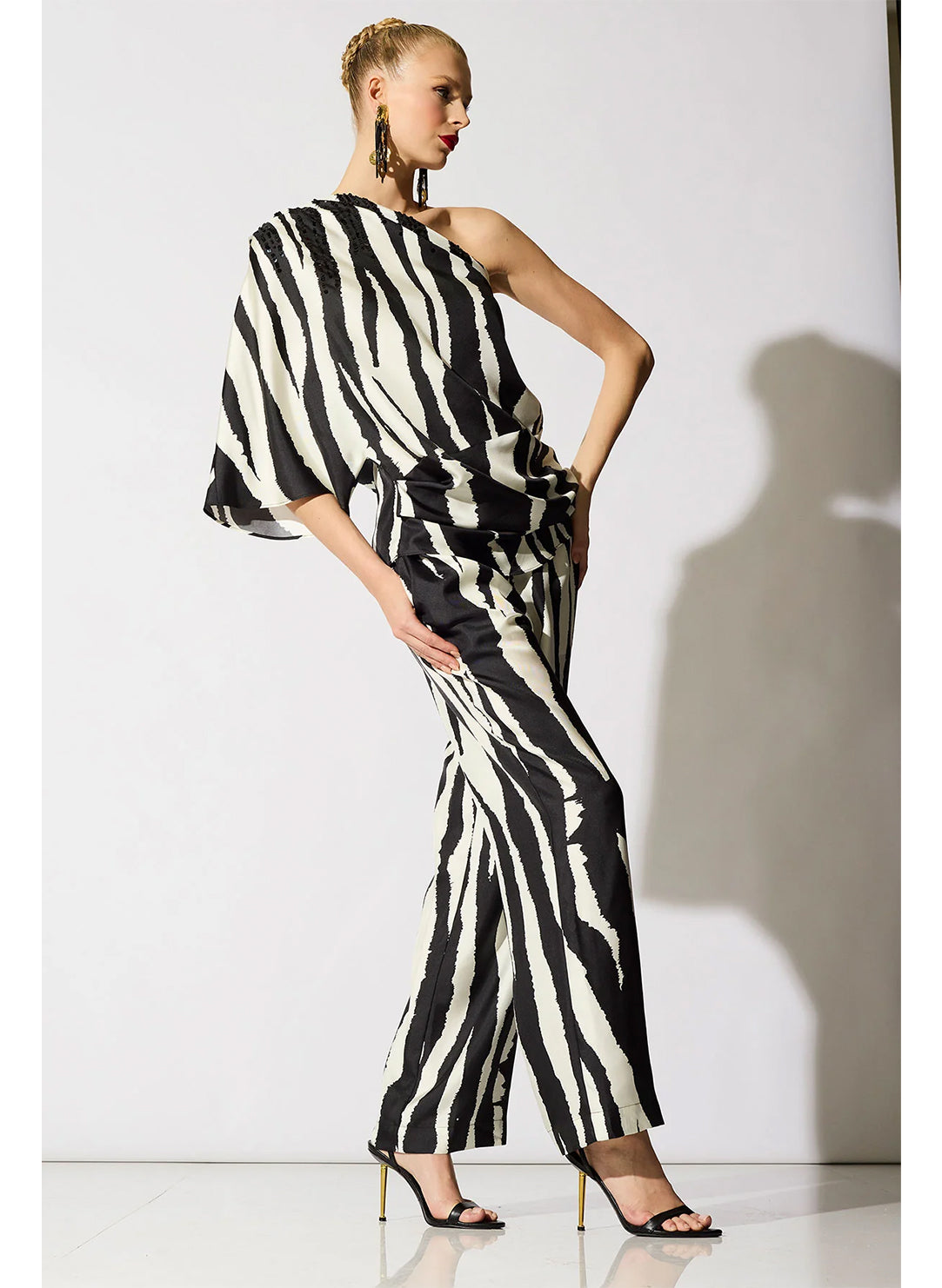 Zebra Silk Twill Black/White Pull on Straight Leg Pant