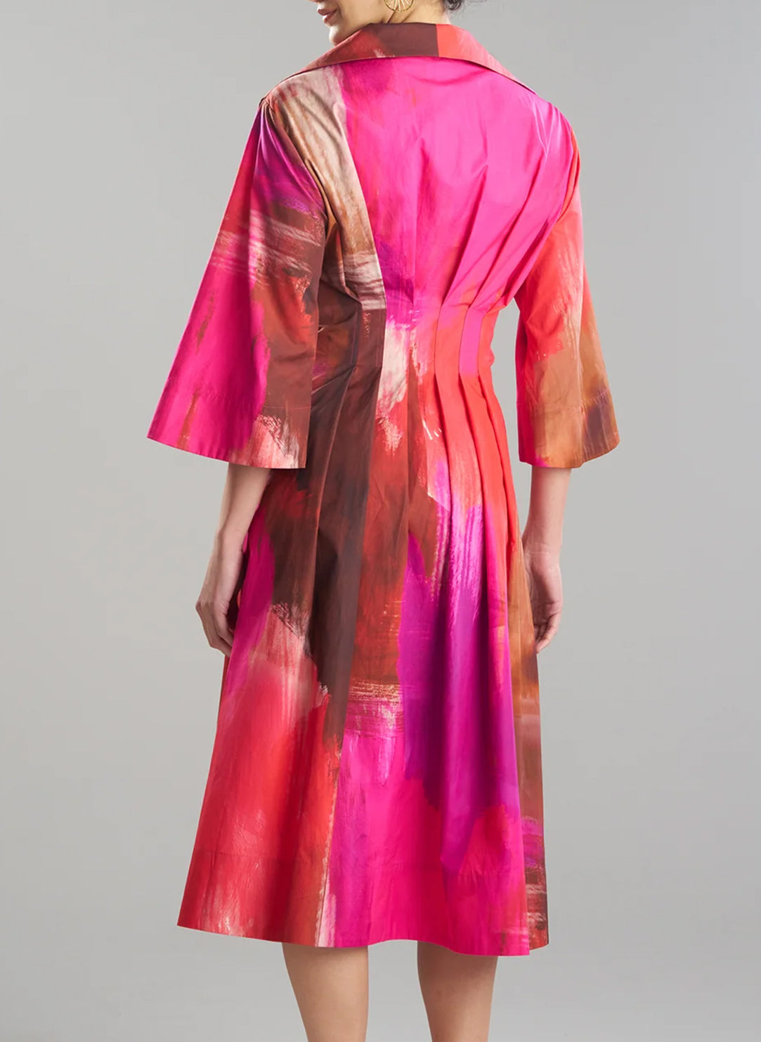 Brushstroke Magenta Cotton Taffeta Bell Sleeve Dress