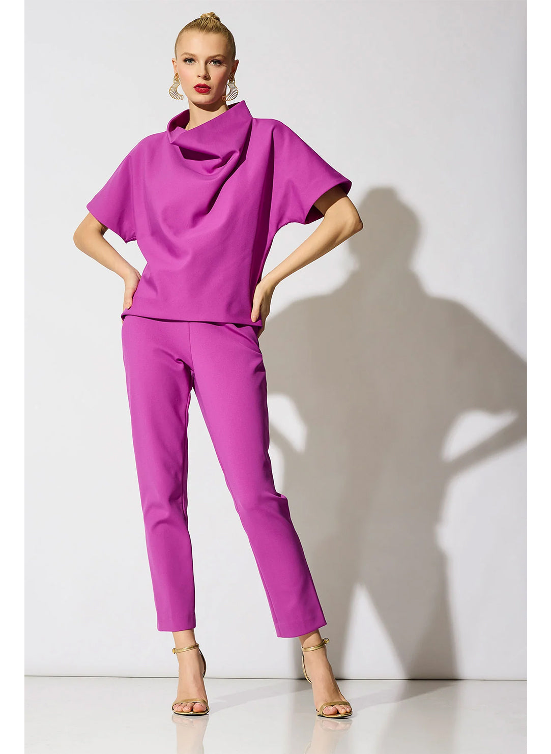 Techno Crepe Magenta Funnel Neck High Low Top