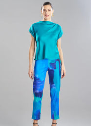 Silk Twill Turquoise Drape Neck Cap Sleeve Top