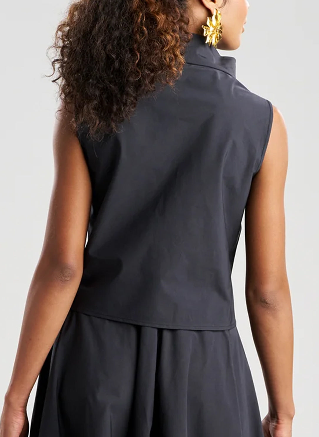 Solid Tech Cotton Taffeta Black Embroidered Funnel Neck Top