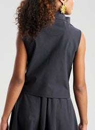 Solid Tech Cotton Taffeta Black Embroidered Funnel Neck Top