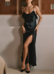 Daniella Mousseline Noir Gown with Rose Embellishment