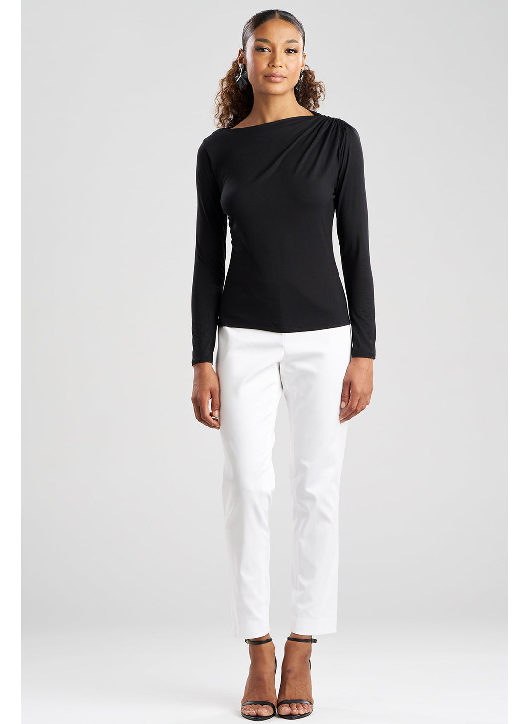 Feather Lightweight Knit Black Ruched Long Sleeve Top