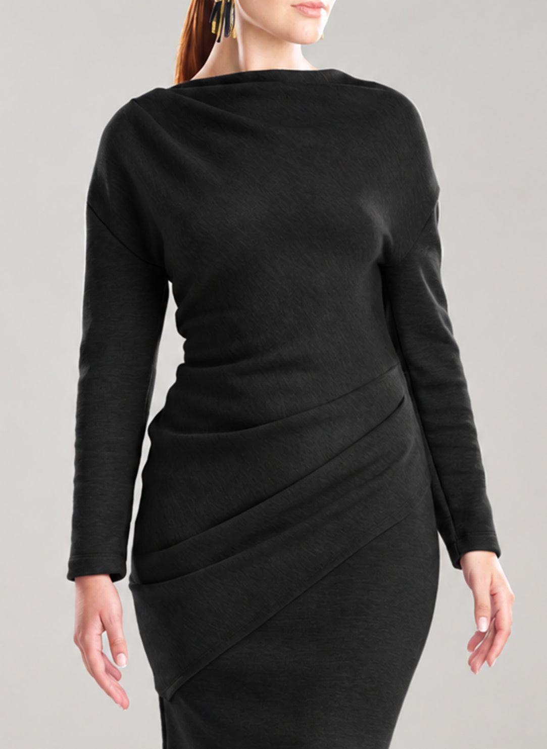 Double Knit Black Long Sleeve Draped Top