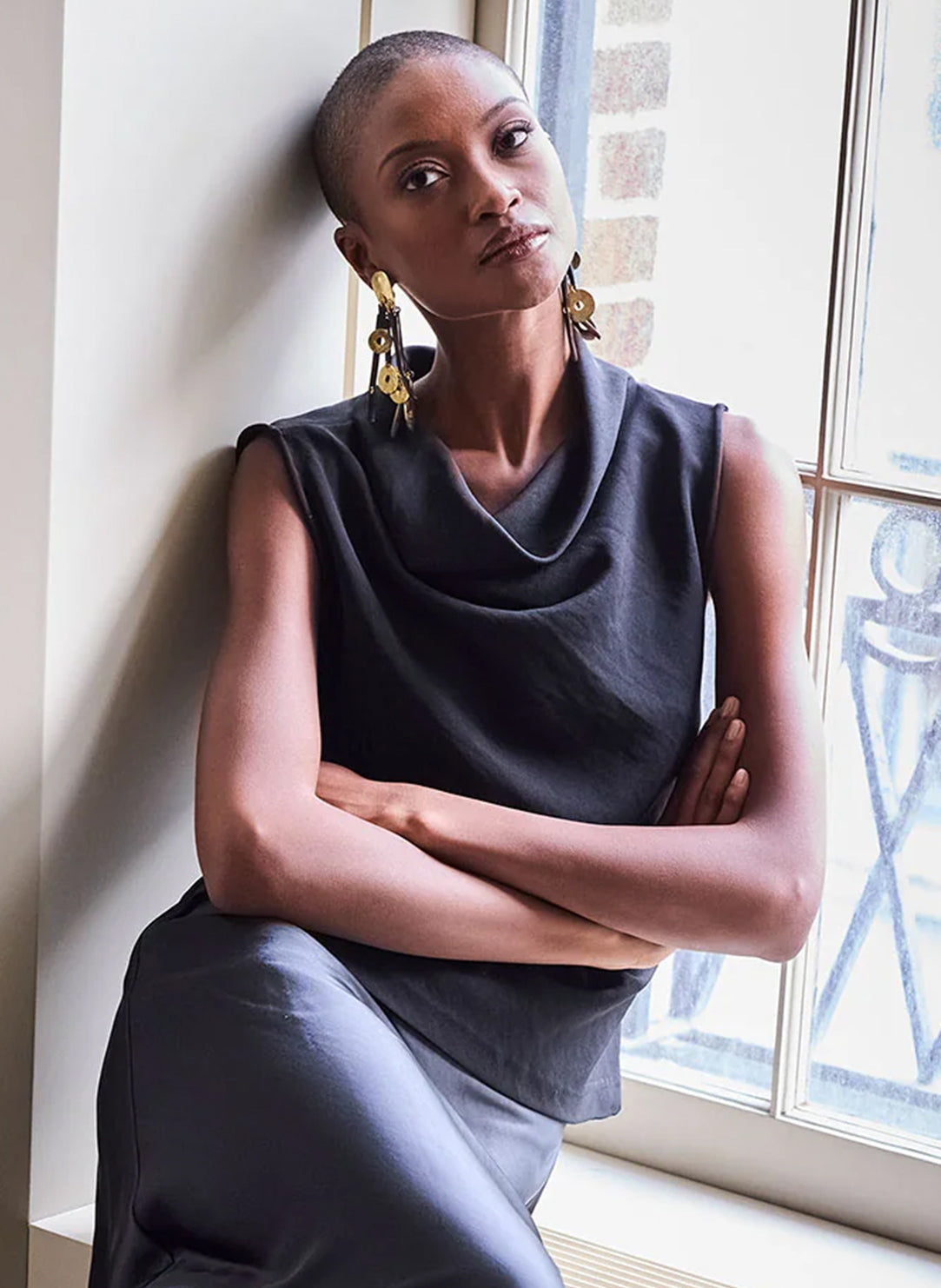 Stretch Crepe Black Funnel Neck Top