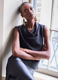Stretch Crepe Black Funnel Neck Top