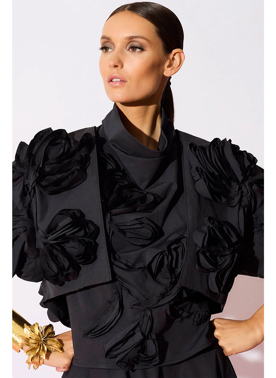 Solid Tech Cotton Taffeta Black 3D Embroidered Bolero